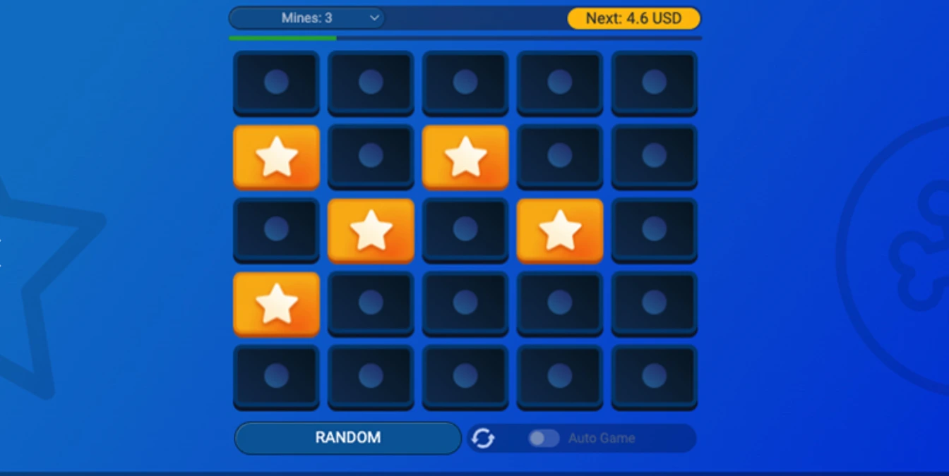 A Mines grid of twenty-five tiles with three bombs set, four tiles turned over and the next payout shown at the top right