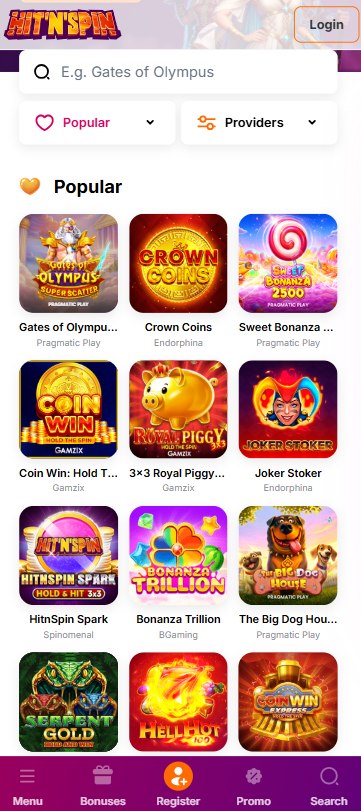 The HitnSpin game lobby on a phone in Ireland, showing the popular games grid with the provider named under each title