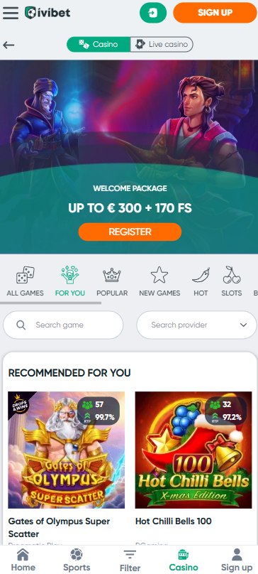 iviBet on a phone in Ireland: the up to €300 plus 170 free spins welcome package above the recommended games, each card showing its RTP