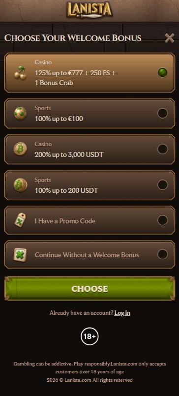 The Lanista welcome bonus chooser on a phone: casino 125% up to €777 with 250 free spins, sports 100% up to €100, and two crypto options